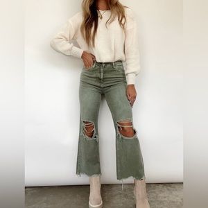Vervet • NWT Green Vintage Loose Fit Flare Jeans • Cropped Olive Distressed Jean